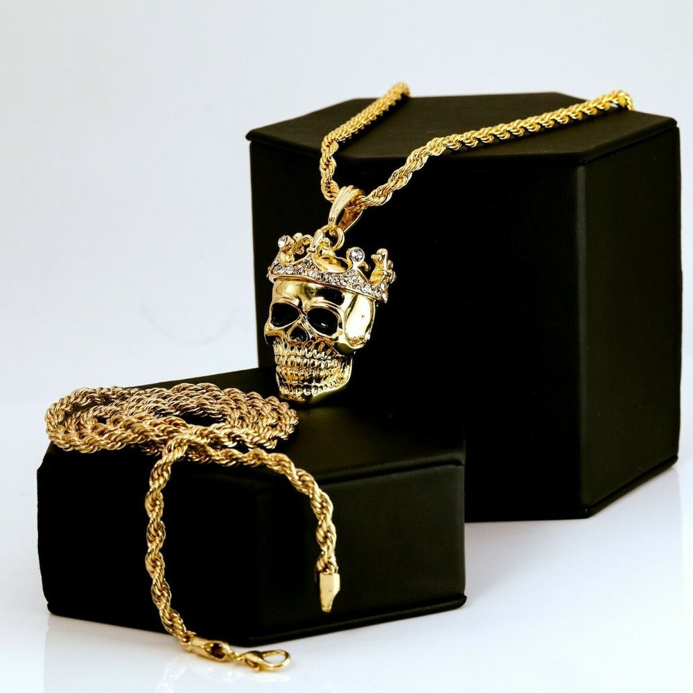 Men's 14k Gold Skull 24" Necklace + Pendant